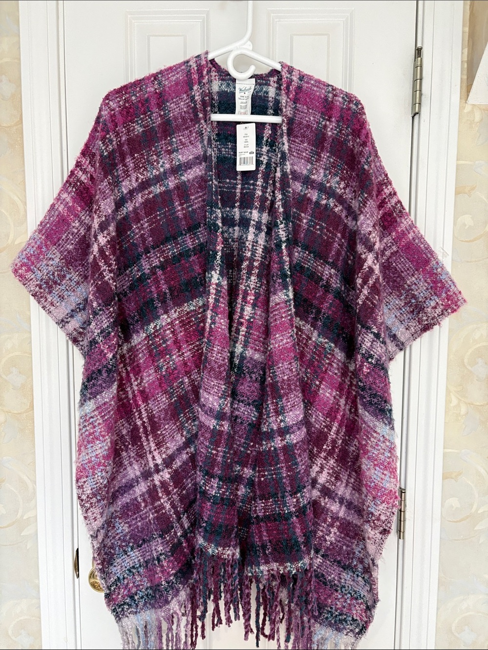 Woolrich Cozy Plaid Fringed Open-Front Sweater Poncho in Pink & Purple Colors